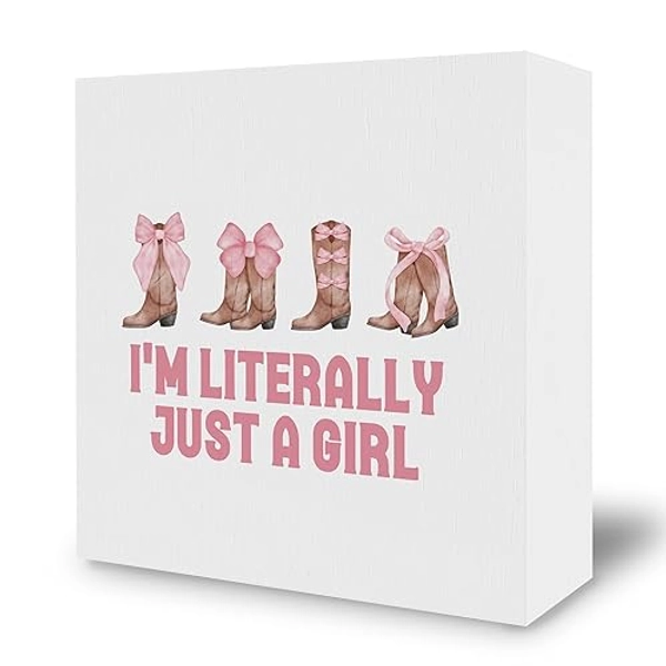 BCUANGD Coquette Room Desk Decor Decorations - Pink Bows Trendy Preppy Wooden Box Sign, Cowgirl Boots Wood Block Plaque Box Sign for Teen Girly Girls Room Dorm Table Decoration, 5x5 Inches