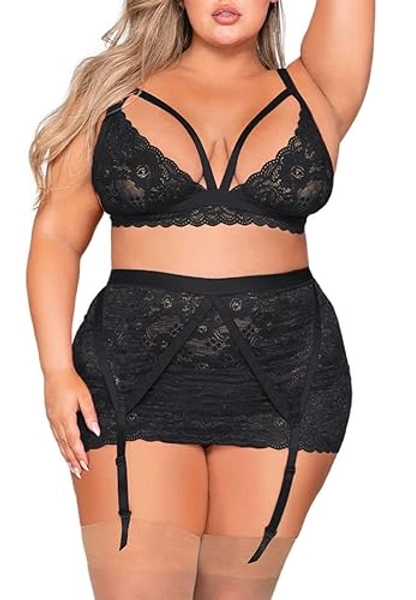 AIBINGGE Plus Size Lingerie Set for Women Floral Lace Scallop Trim Bra high waist skirt Garter Lingerie Set