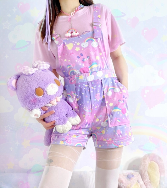 Sugar bunny - Short overalls - cute sweet bunny, yume kawaii, fairy kei, colorful sky, pastel cloud rainbow, jfashion, harajuku - SO2