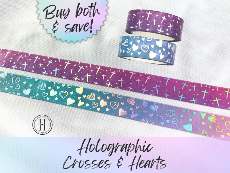 Holographic Crosses and Hearts, Christian washi tape, spiritual & religious decorative tape, journal, planner, scrapbook supplies, 15mmx10m