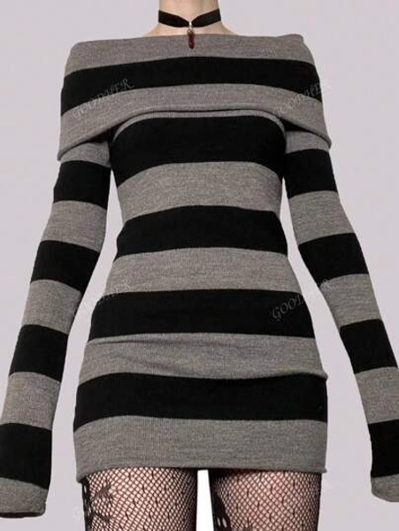 Women Off-Shoulder Striped Sweater Dress Long Sleeve Bodycon Mini Dress
