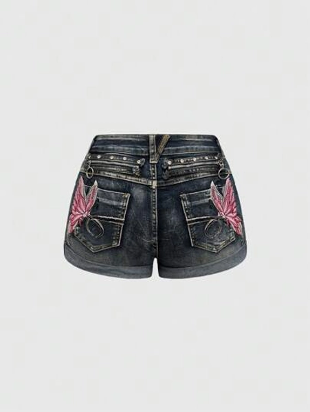 ROMWE Fairycore Y2K Baddie Butterfly Embroidery Distressed Washed Low Waist Denim Shorts