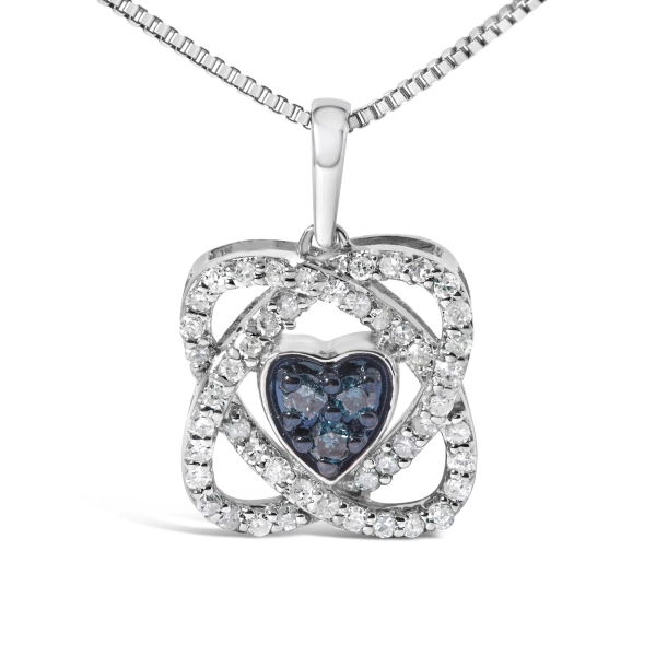.925 Sterling Silver 3/8 Cttw Blue Diamond Heart and Woven Halo 18 Pendant Necklace (Blue Color, I1-I2 Clarity)