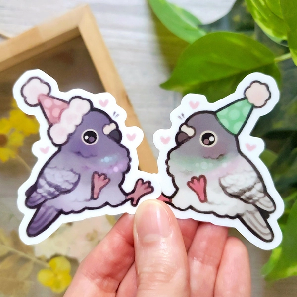 Party Pigeon Sticker Set of 2 / Cute Animal Sticker, Waterproof Laptop Sticker, Gifts for Bird Lovers, Cute Sticker, gift for her