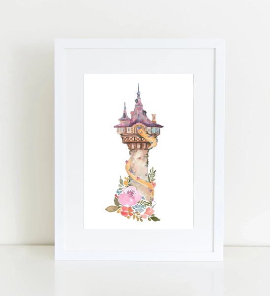 Rapunzel Tower Watercolor Print, Princess Artwork, Disney Castle
