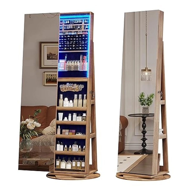 LVSOMT 360 Swivel Jewelry Mirror Cabinet with Lights, Standing Jewelry Armoire Organizer, 63" Stand Up Full Length Mirror with Jewelry Storage, Lockable with Back Storage Shelve
