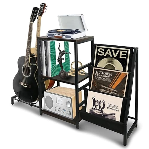 EASTROCK Record Player Stand Guitar Stand for Acoustic, Electric Guitar, Bass, 3-Tier Vinyl Record Storage,Record Player Table for Record Player, Speaker,Amp
