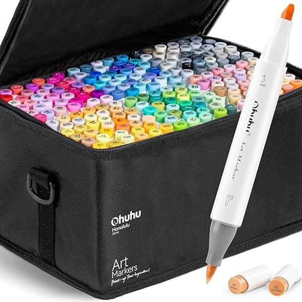 Ohuhu Brush Markers - 216-color Double Tipped Alcohol-based Art Marker Set for Artist Adults Coloring Illustration -Brush & Chisel Dual Tips - Honolulu Series of Ohuhu Markers - Refillable Ink