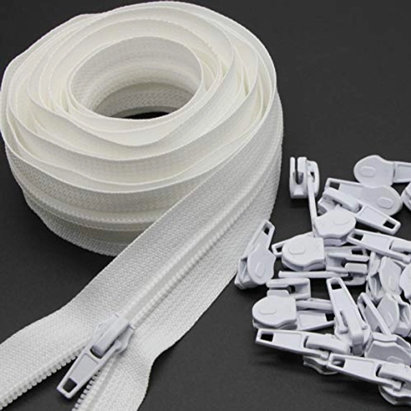Leekayer White Nylon Zipper Roll Bulk Continuous Zippers 10 Yards Sewing Zipper with 25 pcs White Zipper Pull Sliders 5# Cuttable Zipper for Craft Bag