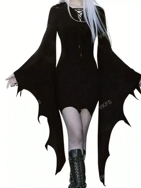 Solid Color Casual Fashionable Flared Sleeve V-Neck Tie-Up Halloween Bodycon Dress For Women