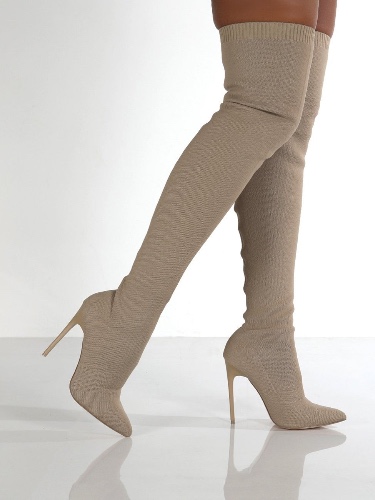 Point Toe Over Knee Stiletto Boots - Beige / 37(US6)