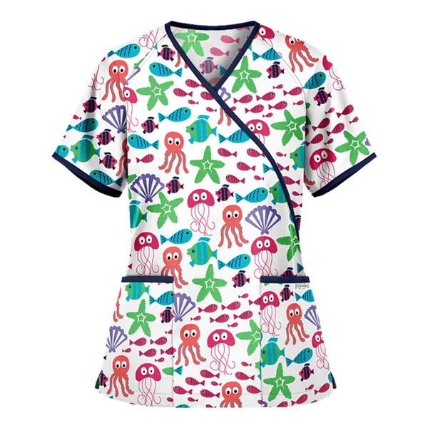 Amazingi Womens Tunic Healthcare Uniform，Women Casual V-Neck Christmas Nurses Scrubs Top Short Sleeve Floral Scrubs Shirt，Holiday Scrubs Shirts