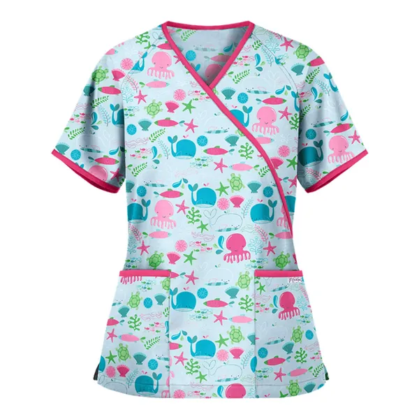 Amazingi Womens Tunic Healthcare Uniform，Women Casual V-Neck Christmas Nurses Scrubs Top Short Sleeve Floral Scrubs Shirt，Holiday Scrubs Shirts