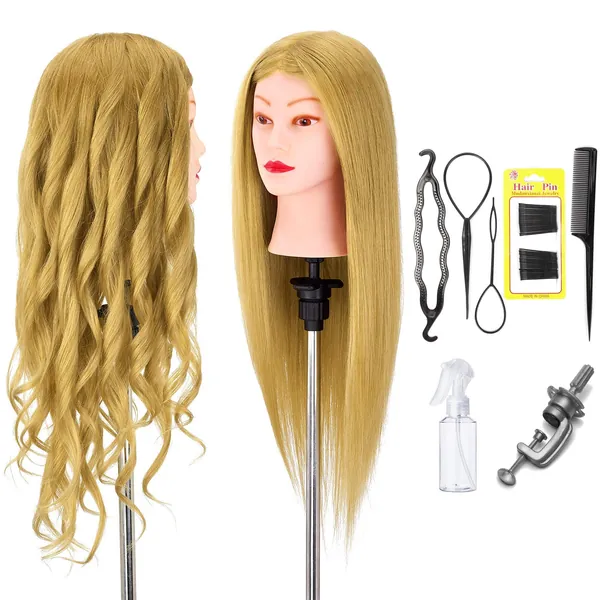 Neverland Beauty 22 Inches 100% Real Human Hair Training Head Practice Mannequin Hairdressing Dolls Head with Clamp Holder & DIY Hair Styling Braiding Tools & Spray Bottle