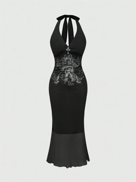 ROMWE Goth Women's Palace Style Cross Printed Mesh Glitter Long Dress