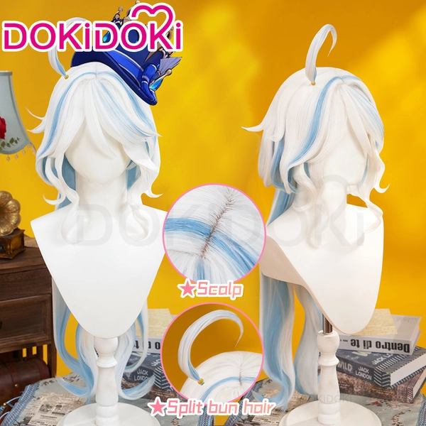 【Wig Ready For Ship】DokiDoki Game Genshin Impact Cosplay Fontaine Focalors Wig Long White Blue Curly Furina Wig / Fake Eyelashes / Hat/ Wefts