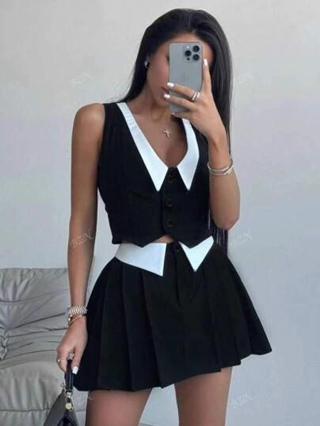 Damski europejski i amerykański styl letni kołnierzyk Piotrusia Pana bez rękawów top i spódnica z wysokim stanem gorące dziewczyny 2-częściowy zestaw Ourdoor Athletic Tennis Mini sukienka dekolt w serek seksowny golf szkoła elegancki strój