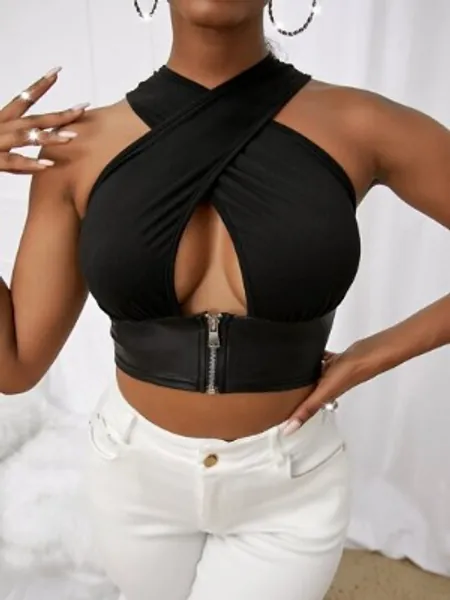 SHEIN SXY Solid Criss Cross Zip Decor Crop Tank Top