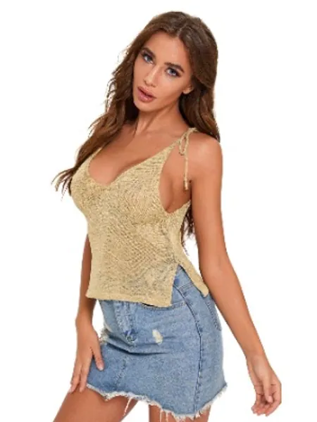 SheIn Women's Sheer Cami Crop Top Tie Shoulder Sleeveless Rib Knit Camisole