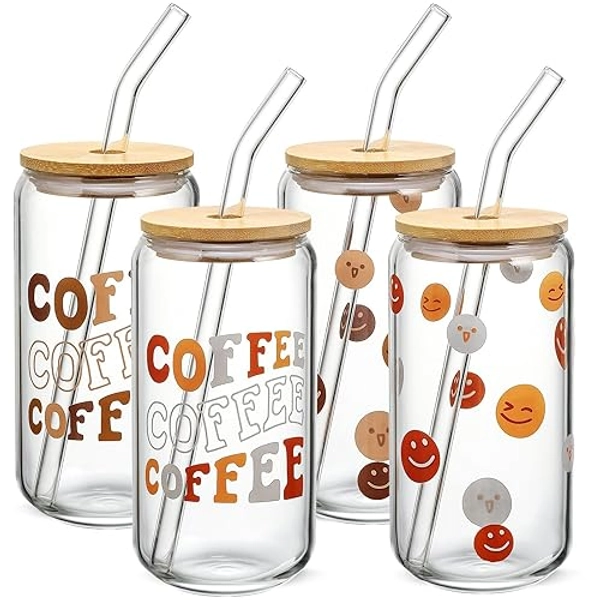NETANY Glass Cups with Lids and Glass Straws with Design 4pcs Set - 16oz Cute Iced Coffee Sublimation Glasses, Drinking Glasses Tumbler, Coffee Bar Accessories, Aesthetic Housewarming Gifts