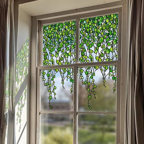 ChicSkin Original Hand Drawn Stained Glass Window Hanging Clings, Floral Window Film Decorative Textured Window Cling, Spring Vine Glass Window Decor Green Pearl Vine Window Stickers 31.5"X53.15"