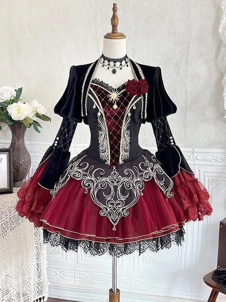 [$97.00]Black and Red Gothic Vampire Thin Shoulder Straps Lolita JSK + Long Bell Sleeves Bolero