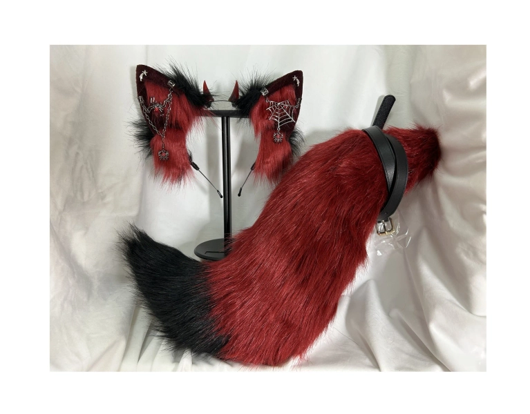 Handmade Goth Devil Wolf Ears Tail Furry Faux Fur Black Red Wolf Ears Black Red Wolf Tail Fursuit Halloween Costume Cosplay Wolf Dog Cat