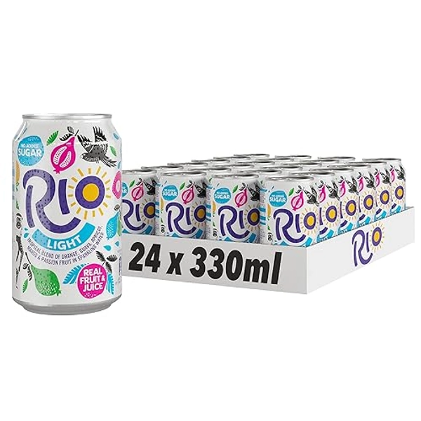 Rio Tropical Light Fizzy Drinks Cans 24 Cans Soft Drink Pack with Real Orange, Apricot, Mango, Passion Fruit, Guava Juice and No Added Sugar Lightly Sparkling Cans of Pop with Vitamin C 24x330ml