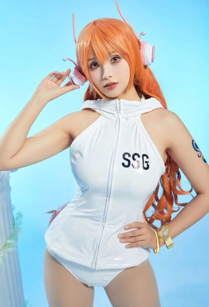 OP Nami Cosplay Costume Egghead White Hooded Vest and Panty with Waist Bag Bracelet
