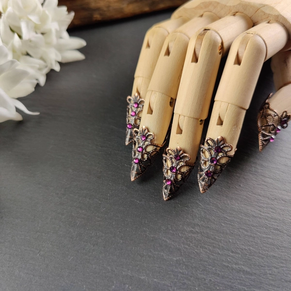 set of 5 fingertip-rings ;Duchess of the Mysteries" ~ claws, finger tips, nail jewelry, finger claws, metal claws, copper, violet, purple, gift