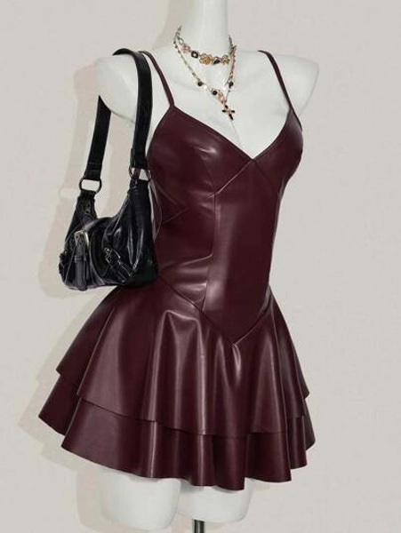 SHEIN ICON Vestido Curto Deslizante com Decote em V Sexy em Couro PU Borgonha, Estilo Y2K para Mulheres