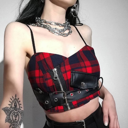 Patchwork Plaid Crop Top - Red / S