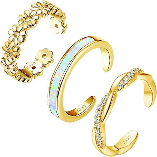 FIASASO 3Pcs 925 Sterling Silver Toe Rings for Women Adjustable 14K White Gold Plated Flower Twist Opal Band Rings Summer Beach Open Toe Rings Foot Jewelry Set