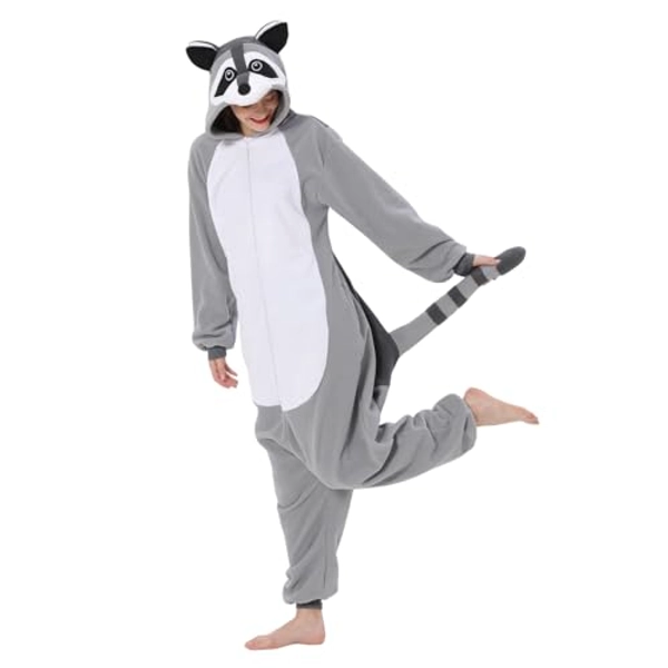 XLKZZ Raccoon Adult Onesie Unisex Pajamas Animal Cosplay Christmas Halloween Costume Cartoon Sleepwear for Women Men
