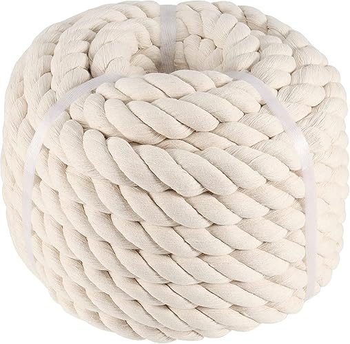 1 Inch x 50 Feet Natural Cotton Rope, 3 Strand Thick Twisted Cotton Cord Soft Rope, Unbleached Cotton Cord Macrame Rope for Crafts, Sporting, Hanging Baskets and Home Decorating