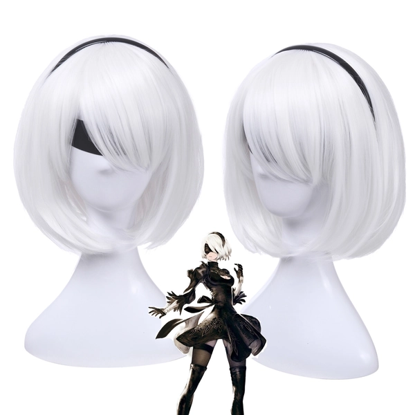 NieR Automata 2B YoRHa No. 2 Short Straight White Cosplay Wig