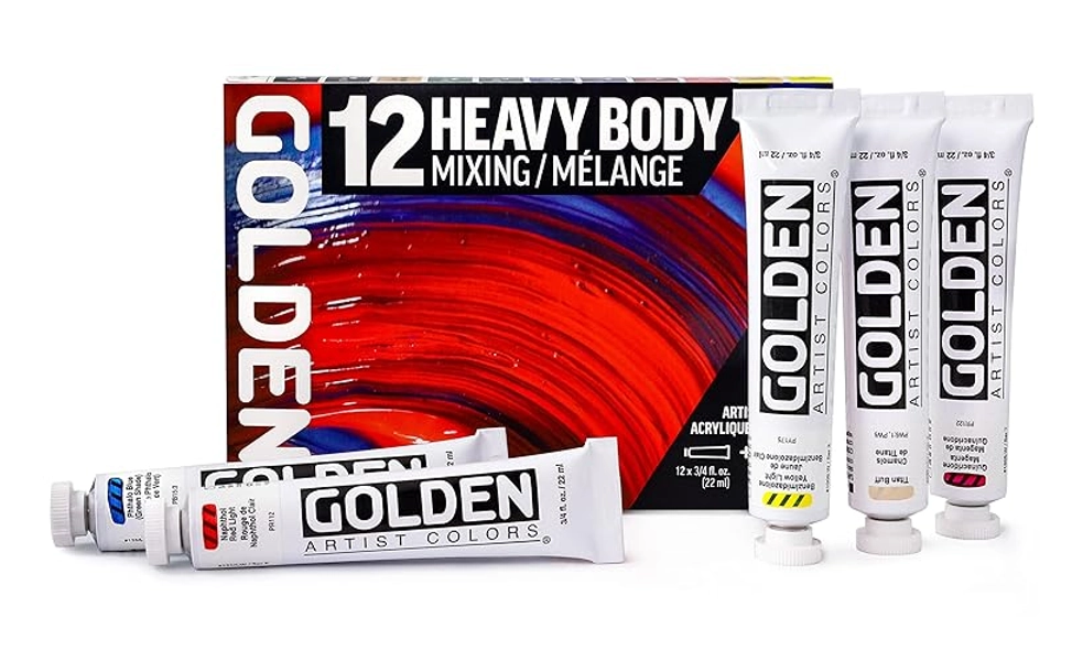 Heavy Body Acrylics by GOLDEN, Mixing Set, 12 Color, Professional Acrylic Paint