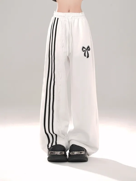 Black/White Blokettecore Bowknot Print Wide-leg Cut Pants