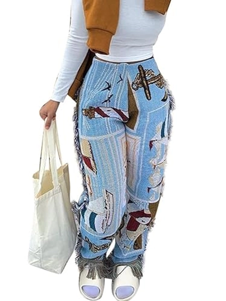 Yeshire Women's Hippie Tassel Pattern Printing Elastic Pants Folk Style Pants Party Music Festival Wear