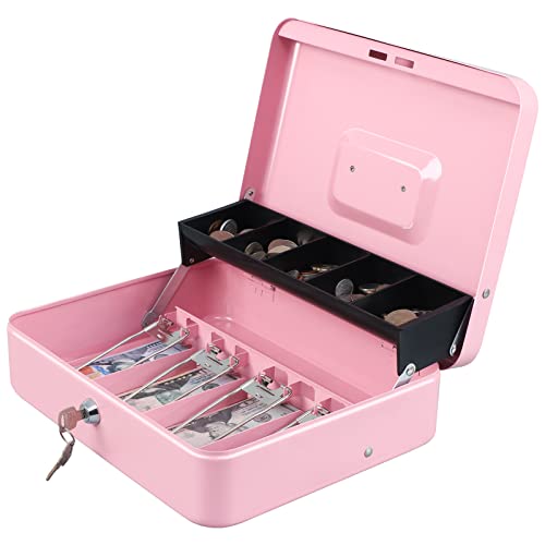 xydled Cash Box with Money Tray and Key Lock,Tiered, Cantilever Design,4 Bill / 5 Coin Slots,11.8" x 9.5" x 3.5",Pink - Pink Key Lock