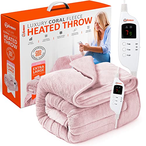 Warmer Electric Heated Throw Blanket - Digital Controller - 9 Hour Timer, 9 Heat Settings, Auto Shutoff, Detachable Controller - Machine Washable - Extra Large 200cm x 130cm - XL - Pink - 200x130cm