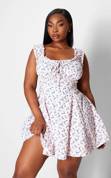  Baby Pink Ditsy Floral Ruched Tie Shift Dress