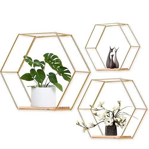 LMYDIDO Set of 3 Hexagon Wall Shelves, Hanging Shelves, Metal and Wood Floating Shelves, Wall Storage Organiser for Kitchen Shelf, Bathroom, Bedroom, Wall Decoration (Gold) - Gold