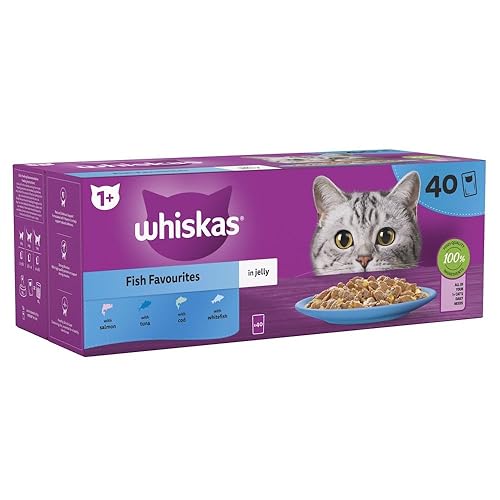 WHISKAS - 1+- Adult Wet Cat Food Pouches - 40 x 85 g - Fish in Jelly - Bulk Cat Food Megapack - 40 Pouches - Fish Selection - 3.4 kg (Pack of 1)