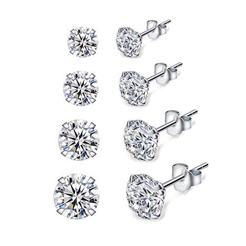 Shuxin Silver Stud Earrings for Women, 4 Pairs 925 Sterling Silver Cubic Zirconia Stud Earrings Set, Hypoallergenic Small Sleeper Cartilage Studs, with Clear 5A Cubic Zirconia, Size: 3, 4, 5, 6mm - Silver