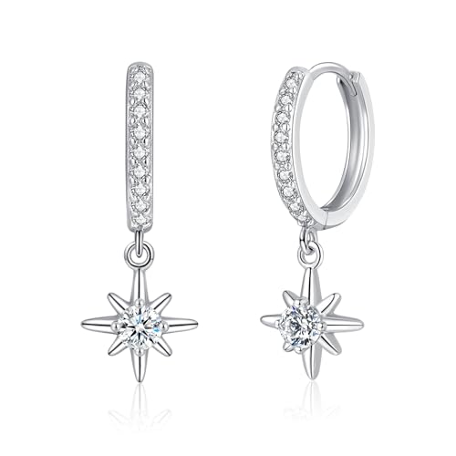 Loutade Silver Drop Hoop Earrings for Women, 925 Sterling Silver Moon Star Dangle Hoop Earrings, CZ Drop Huggie Cartilage Small Silver Sleeper Earrings, Hypoallergenic Silver Hoop Dangle Earrings - B - Silver