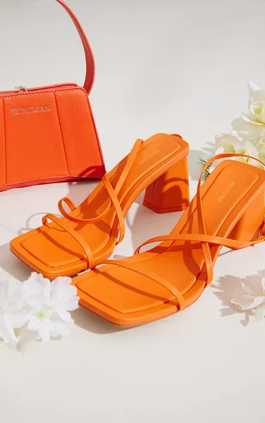 Orange Square Toe Cross Over Strap Low Block Heeled Sandals