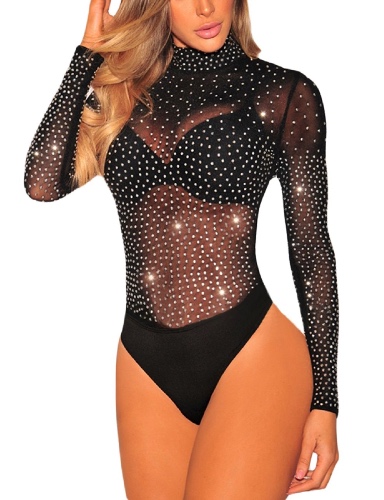 SEBOWEL Damen Body Sexy Sheer Mesh Langarm/Kurzarm Bodysuit Bluse Tops - #81 Schwarzer Diamant S