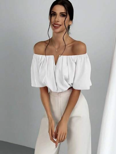 Aloruh Off Shoulder V-Neck Waist-Cinching Blouse,Short Sleeve Tops