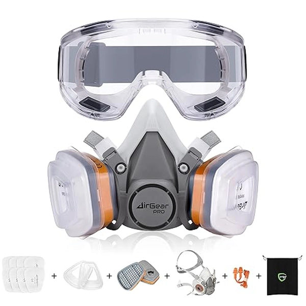AirGearPro G-500 Masque de Protection Respiratoire Réutilisable, Anti poussière, Anti gaz avec Filtres et Lunettes de Protection pour Peinture, Travaux, Bricolage, Ponçage